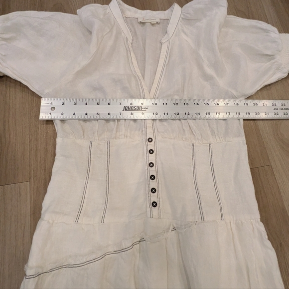 Anthropologie White Linen Puff Sleeve Low Cut Asymetrical Dress Size L - Picture 5 of 8